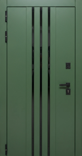 Входная дверь с реечным дизайном и тонированным стеклом (панели MDF RAL 6009)
