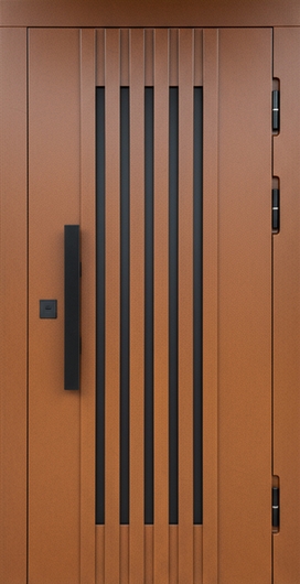 Стальная дверь с вертикальными рейками, бугельной ручкой и отделкой МДФ RAL 8023