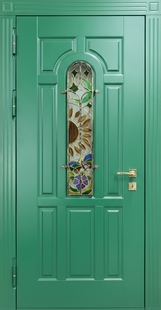 Морозостойкая термодверь с витражным остеклением и панелями МДФ зеленого цвета (RAL 6029)