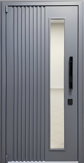 Входная термодверь с металлорейками, стеклом, электронным замком и полимерной покраской серого цвета