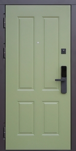 Стальная дверь с окрашенными зелеными панелями и биометрическим замком