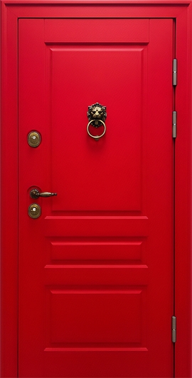 Металлическая термодверь с окрашенными красными панелями МДФ RAL с кнокером лев